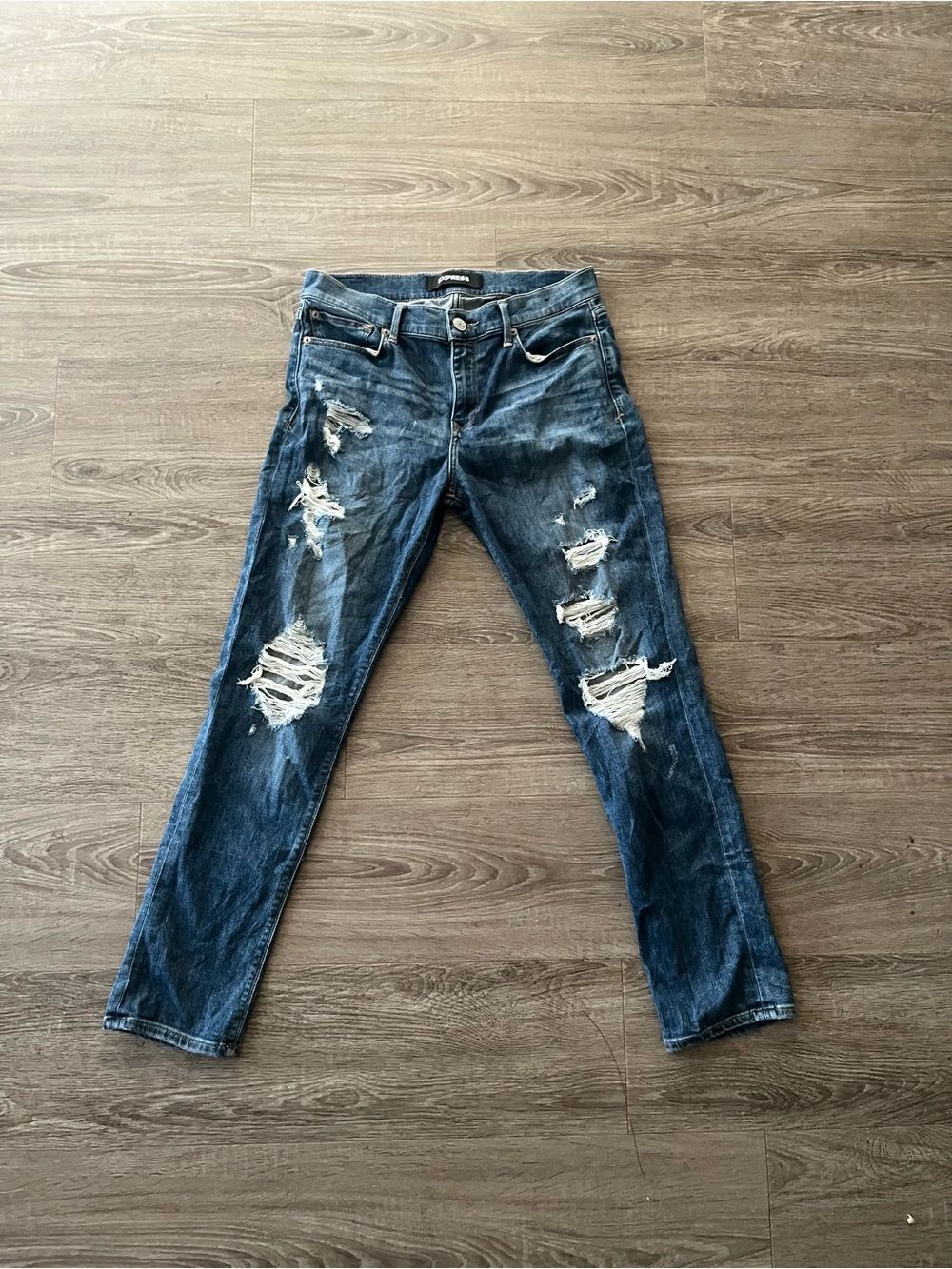 Express Jeans Womens 8 Short Blue Super Skinny Mid Rise Distressed Stretch Denim